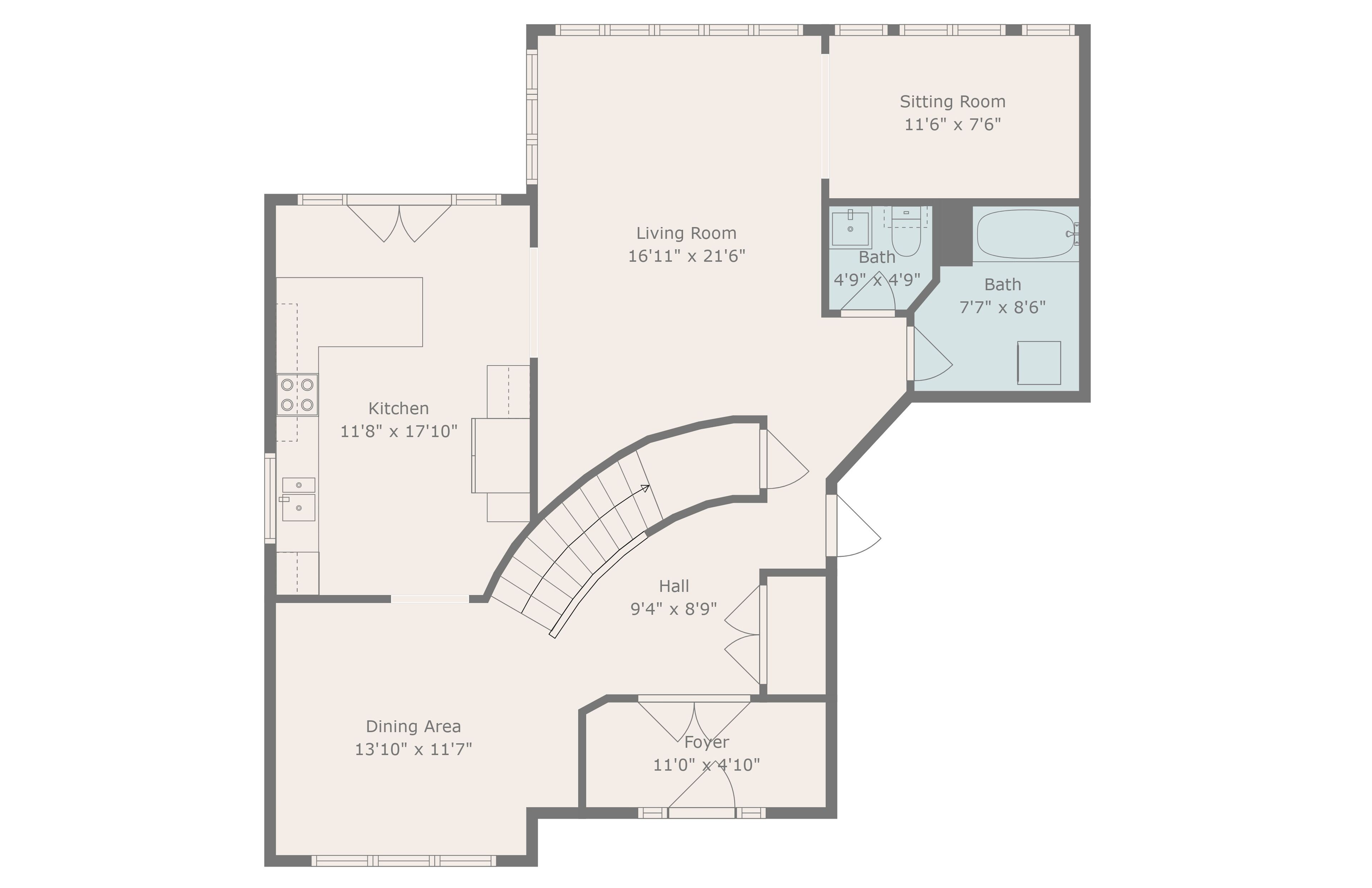 Een plattegrond van een huis met een keuken, eetruimte, woonkamer, zithoek, hal, entree en twee badkamers.