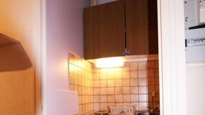 A compact kitchen with a refrigerator, a sink, and wooden cabinets. - 5th floor, tv, 16m², Alpe d'Huez (L'Alpe d'Huez)