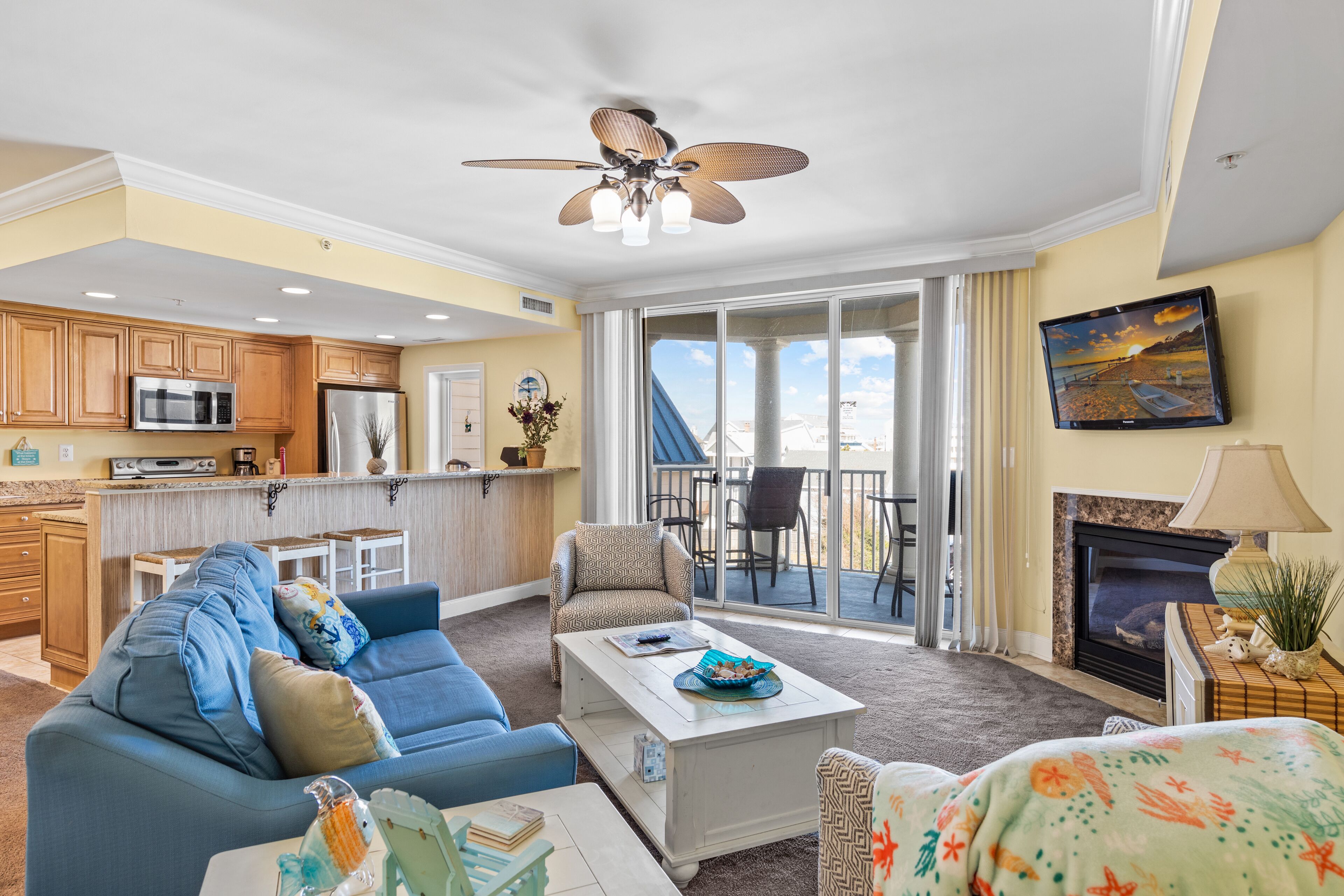 Flat-screen TV, fireplace