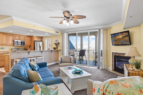 Flat-screen TV, fireplace