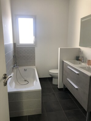 Bañera, secador de pelo, papel higiénico