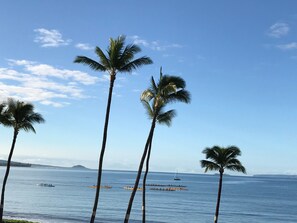 On the beach, sun loungers, beach towels
