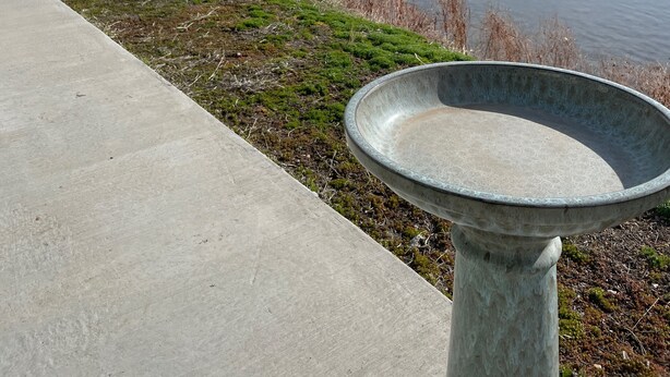 A concrete edge with a birdbath in the foreground, a river, and a hilly landscape in the background.