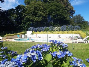 Ein Garten mit Schwimmbad, Liegestühlen und einem eingezäunten Bereich mit einer Rutsche.