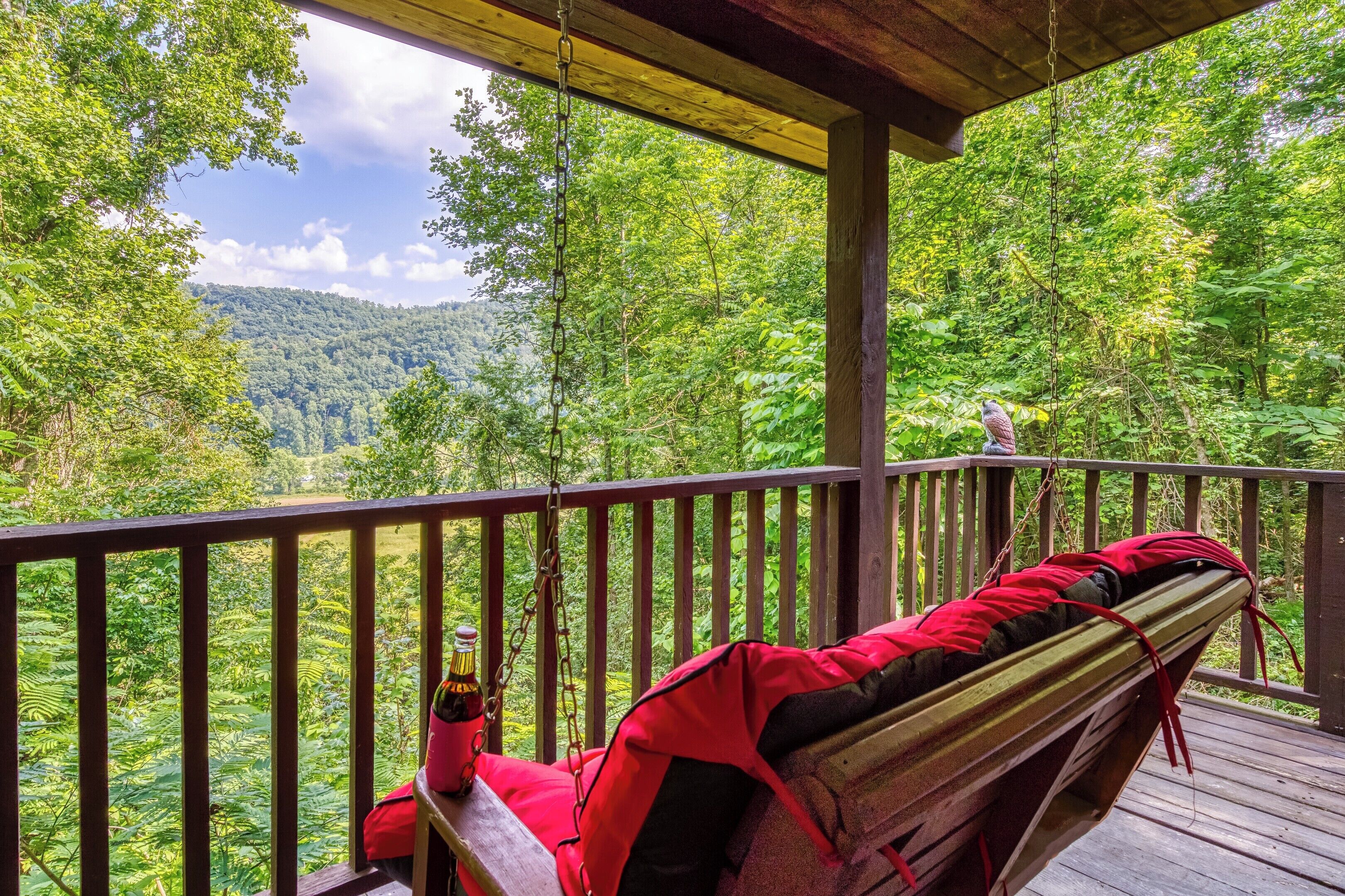 Une terrasse en bois avec un hamac et une bouteille de bière, donnant sur une zone boisée.