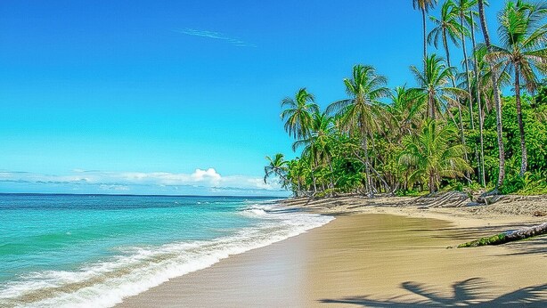 A beach with clear turquoise water, sandy shore, and palm trees.