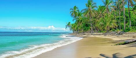 On the beach, sun-loungers, beach towels