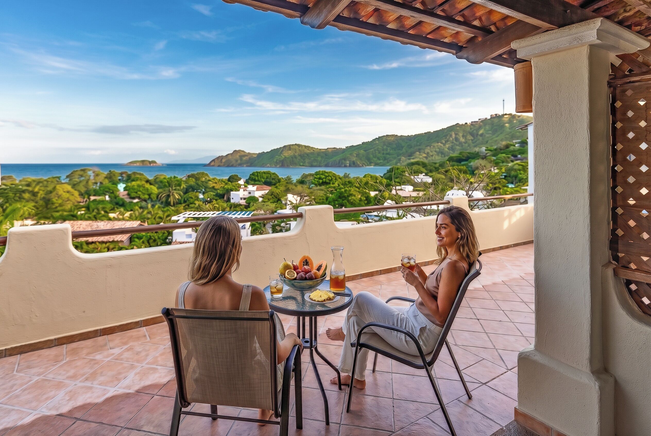 Dos personas sentadas a una mesa con vista a un paisaje costero.