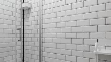 Een douche, een regendouche, gratis toiletartikelen, een haardroger