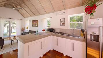 Fridge, microwave, electric kettle, toaster