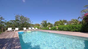 A clear swimming pool with wooden deck and lounge chairs, surrounded by lush greenery and palm trees. - 1BR Hillside Cottage on Peaceful Private Estate (Governor's Harbour)