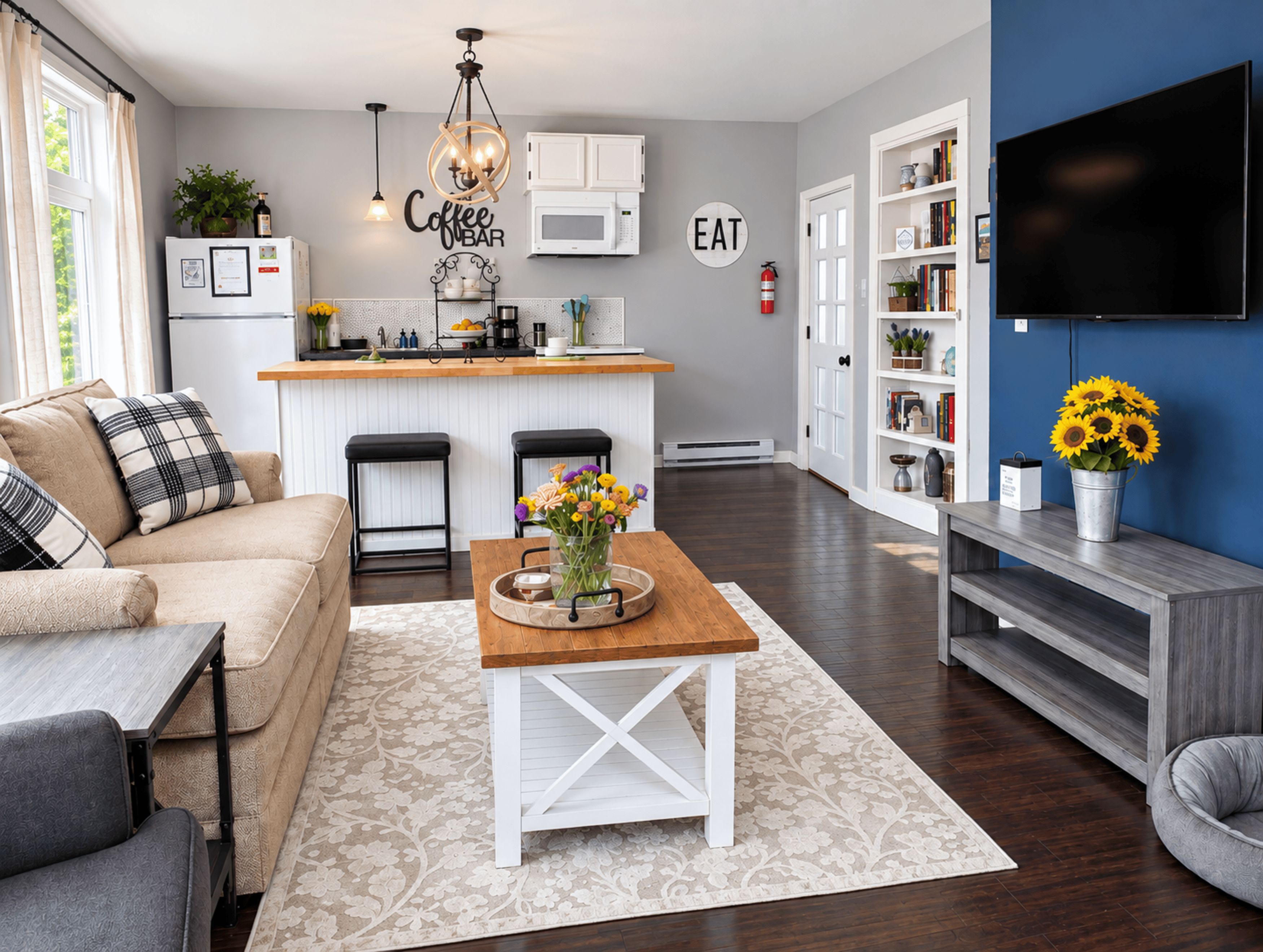 A modern living room with a sofa, a coffee bar, a dining table with a vase of flowers, a bookshelf, and a flat-screen TV.
