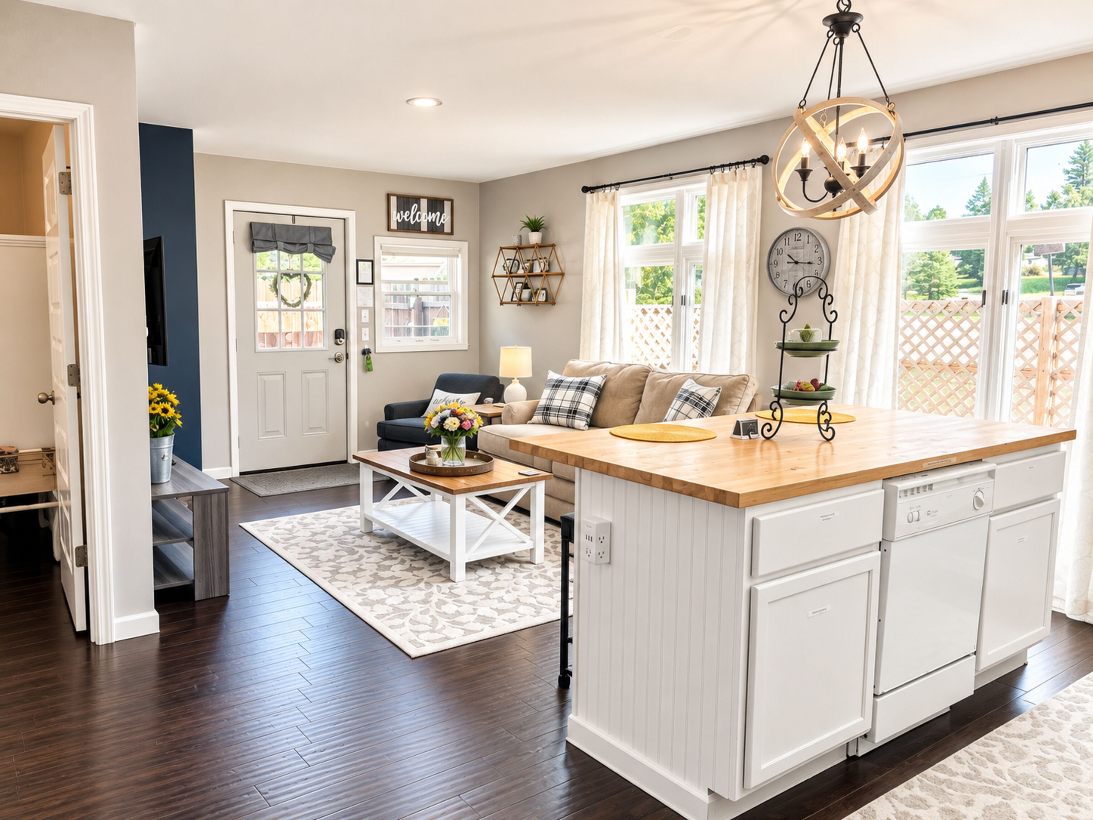 A kitchen with a wooden island, white cabinetry, and a dining area with a sofa and coffee table.