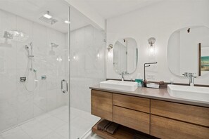 Bathtub, hair dryer, towels, soap