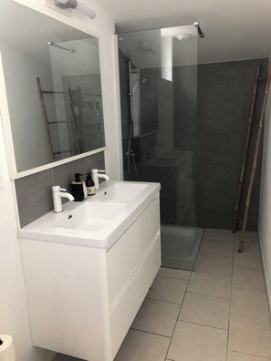 Ducha, secador de pelo, toallas y jabón