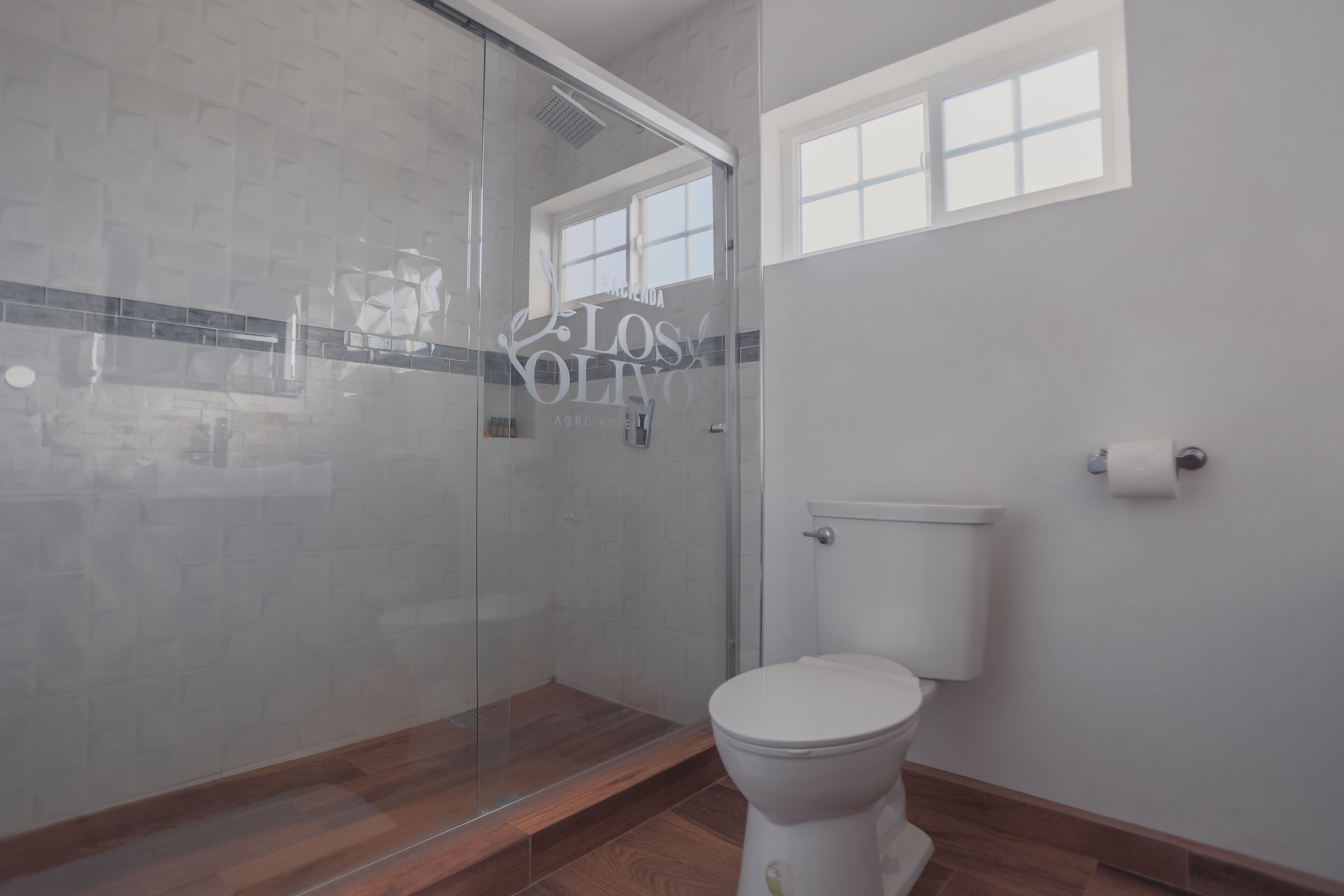 Un baño con cabina de ducha de vidrio, inodoro y ventana.