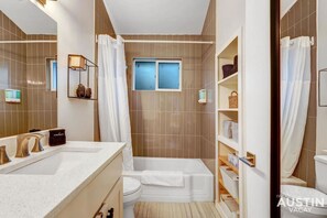 Eco-friendly toiletries, hair dryer, towels, soap