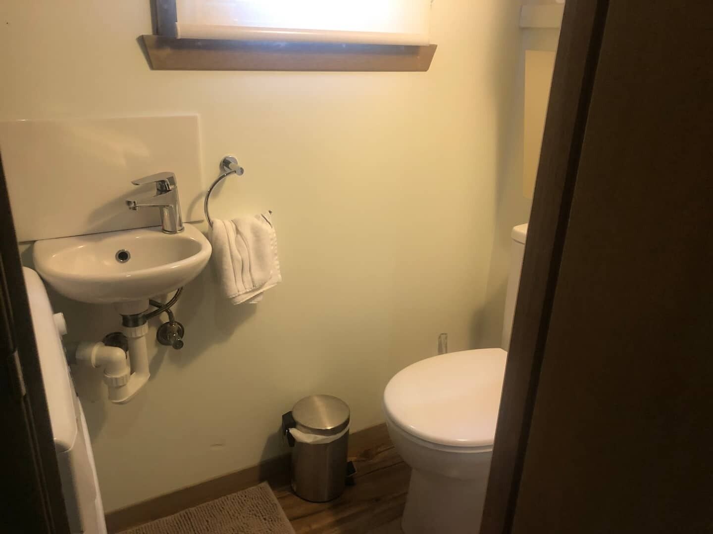 A small bathroom with a white sink, a toilet, and a trash can.