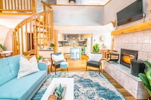 Smart TV, fireplace, books, music library
