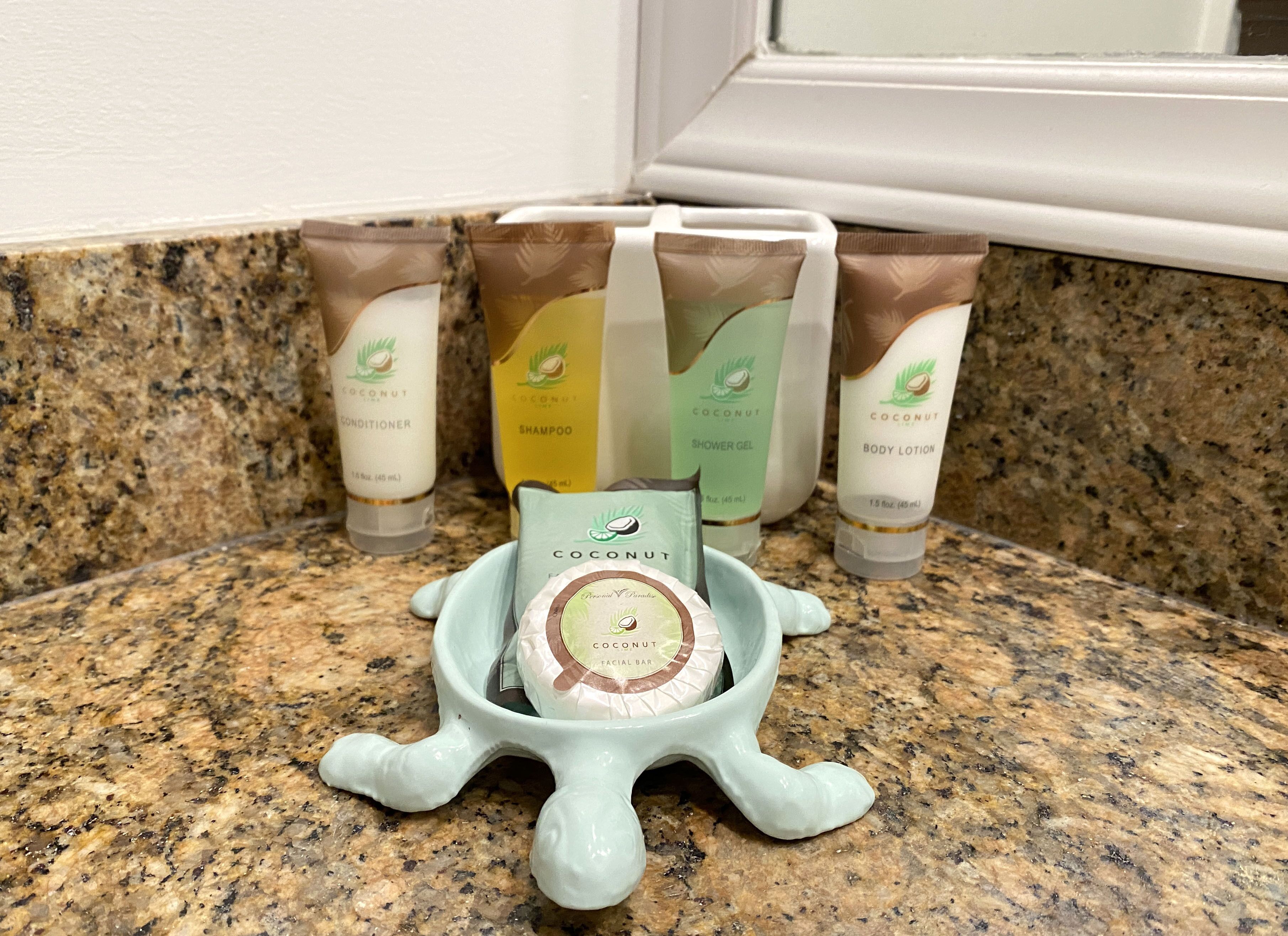 Combined shower/tub, hair dryer, towels, soap