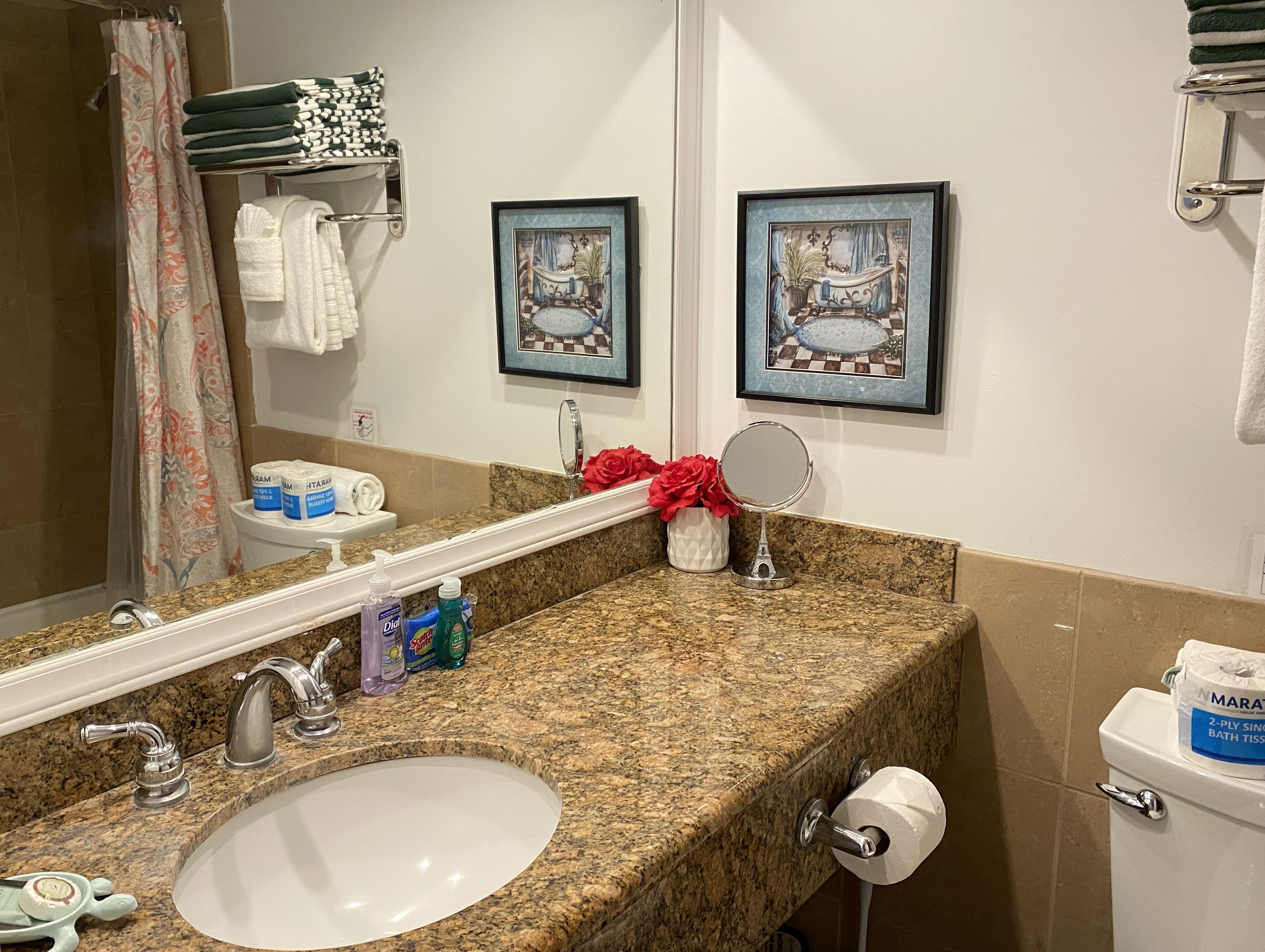 Combined shower/tub, hair dryer, towels, soap