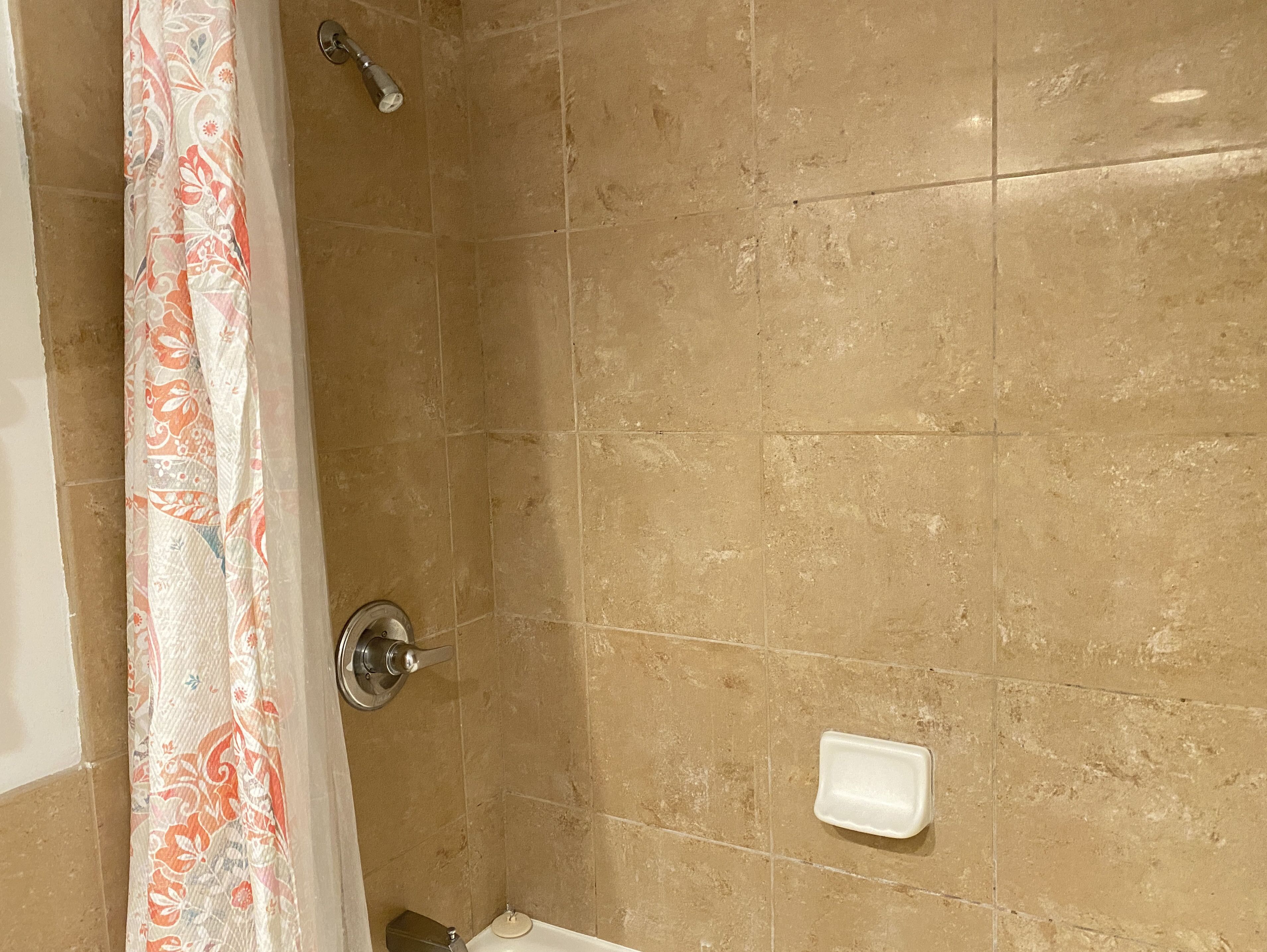 Combined shower/tub, hair dryer, towels, soap