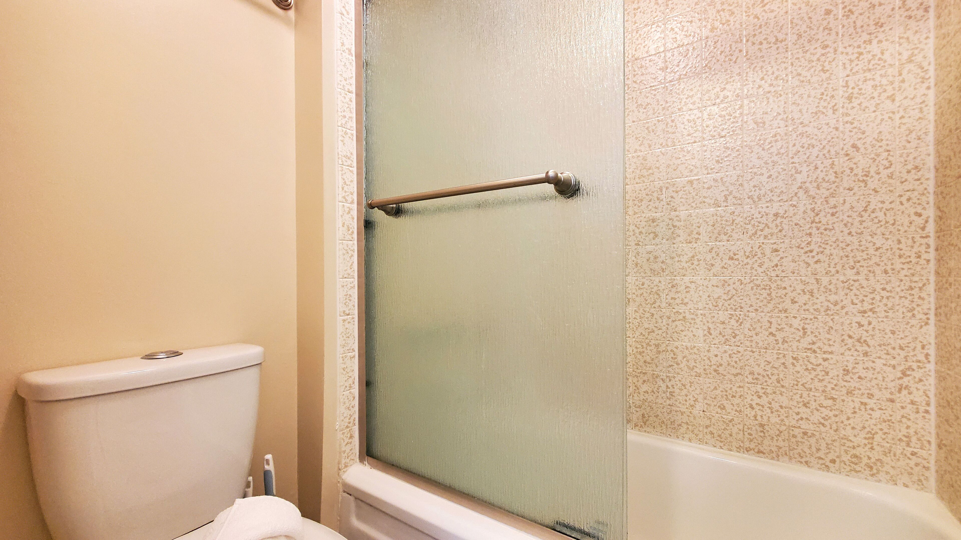 Combined shower/tub, hair dryer, towels, soap