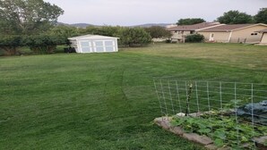 Une cour arrière verdoyante avec un petit abri de jardin, une clôture en fil de fer et un parterre.