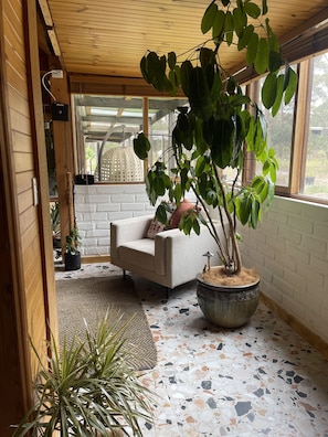 A cozy room with a large potted plant, a sofa, and a patterned floor.
