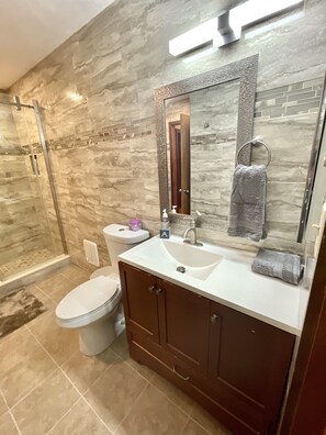 Combined shower/tub, hair dryer, towels, soap