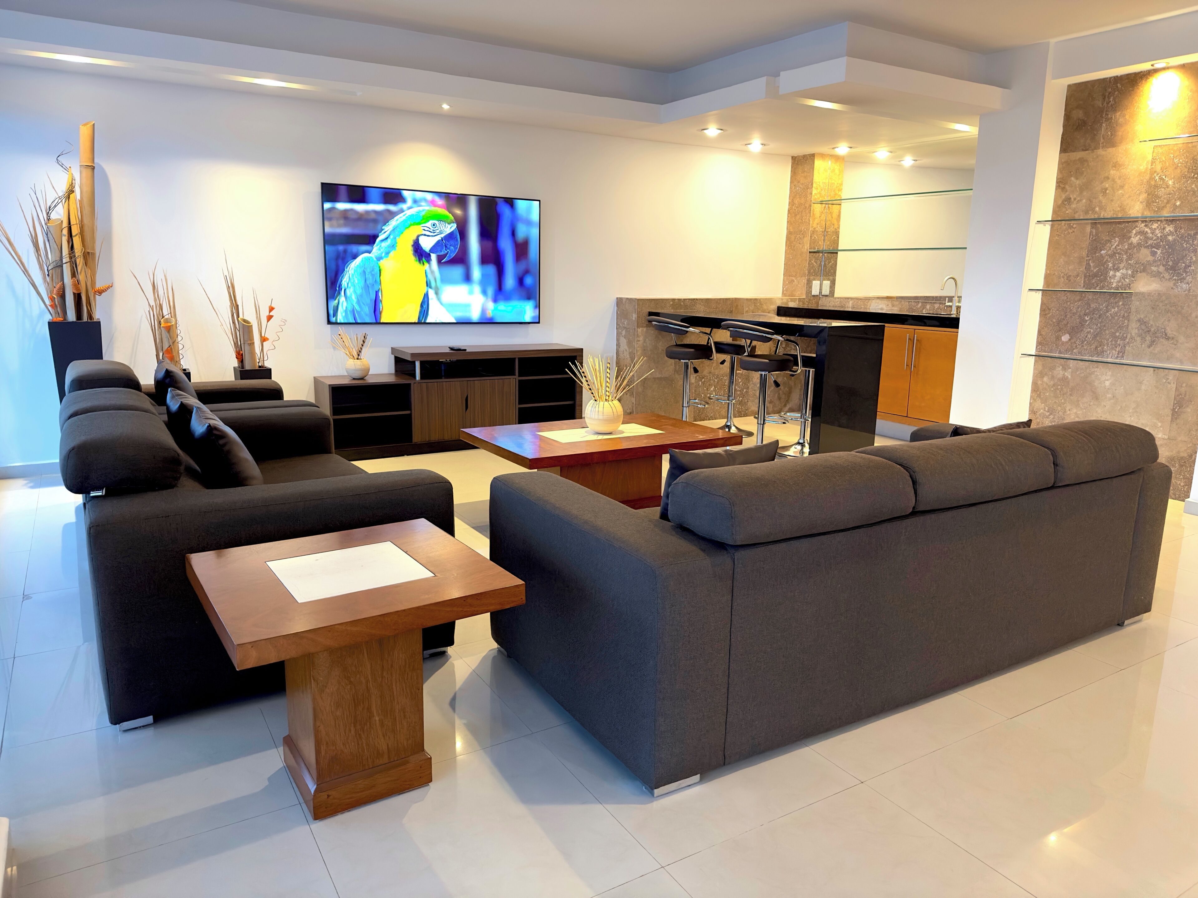 A modern living room with a large flat-screen TV, a grey sofa, a wooden coffee table, and a kitchen area with bar stools.