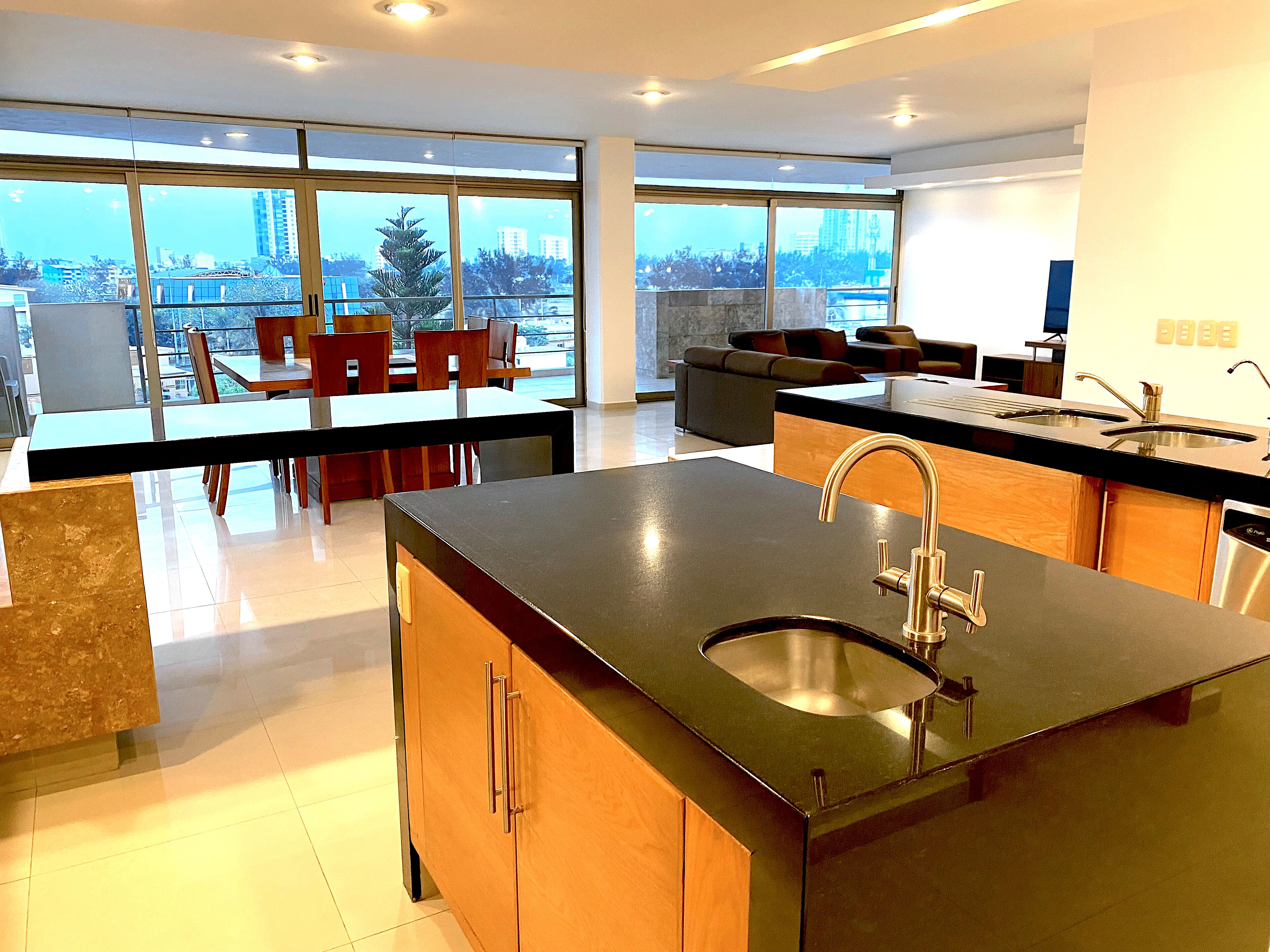 Panoramic Penthouse | Private kitchen | Full-size fridge, microwave, oven, stovetop