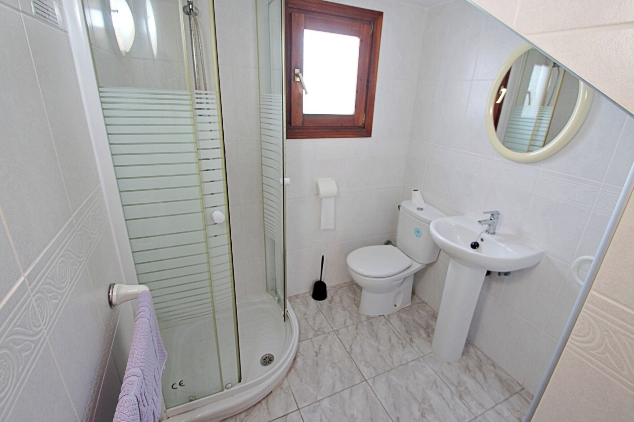 A bathroom with a glass-enclosed shower, a toilet, a sink, and a mirror.