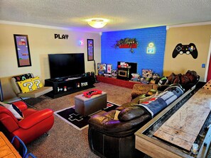 Smart TV, fireplace, video games, DVD player