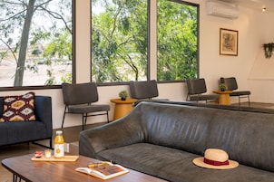 Una sala de estar moderna con un sofá gris, una mesa de centro de madera con un libro, un vaso de jugo de naranja y un sombrero de paja. Hay dos sillones y una mesita con una planta. Amplias ventanas ofrecen vistas a árboles y un edificio.