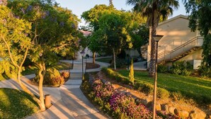 A landscaped courtyard with a central pathway, surrounded by trees and flowering plants.
