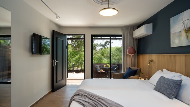 A modern hotel room with a large bed, a flat-screen TV, a ceiling light, and a view of the outdoors.