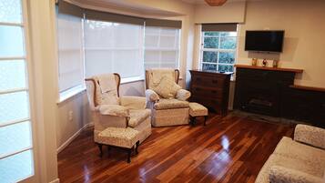 Älytelevisio, takka, leluja, kirjoja