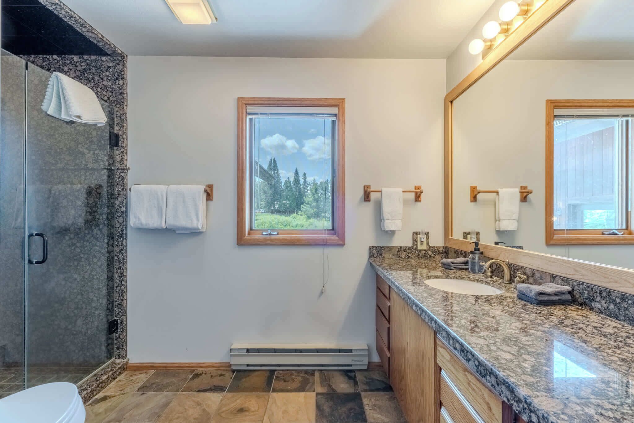 Un baño moderno con cabina de ducha de vidrio, un ventanal con vistas a árboles, encimera de granito y tocador de madera.