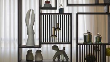 Un interno moderno con scaffali in metallo nero che espongono diversi oggetti decorativi.