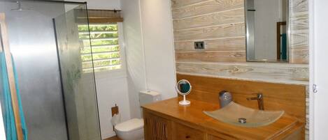 A bathroom with a glass shower enclosure, a toilet, a wooden vanity with a glass sink, and a mirror.