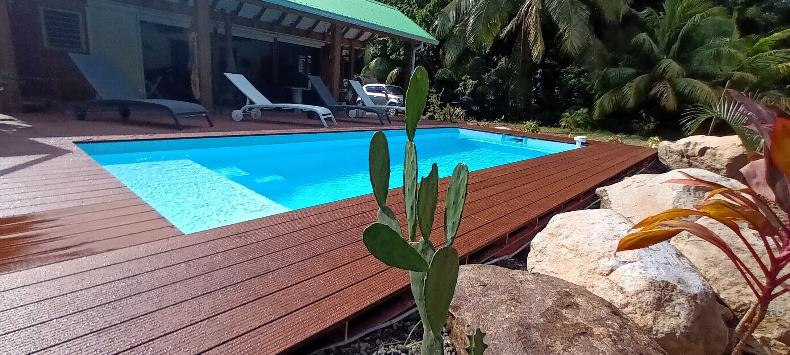 Une piscine entourée d’une terrasse en bois, de chaises longues et de plantes tropicales.