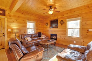 TV, fireplace, DVD player, books