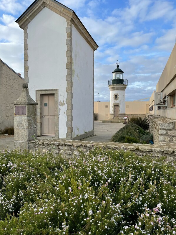 A building with a stone facade, a door, and a small garden with white flowers in front.