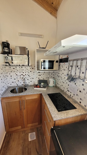 Fridge, microwave, stovetop, coffee/tea maker