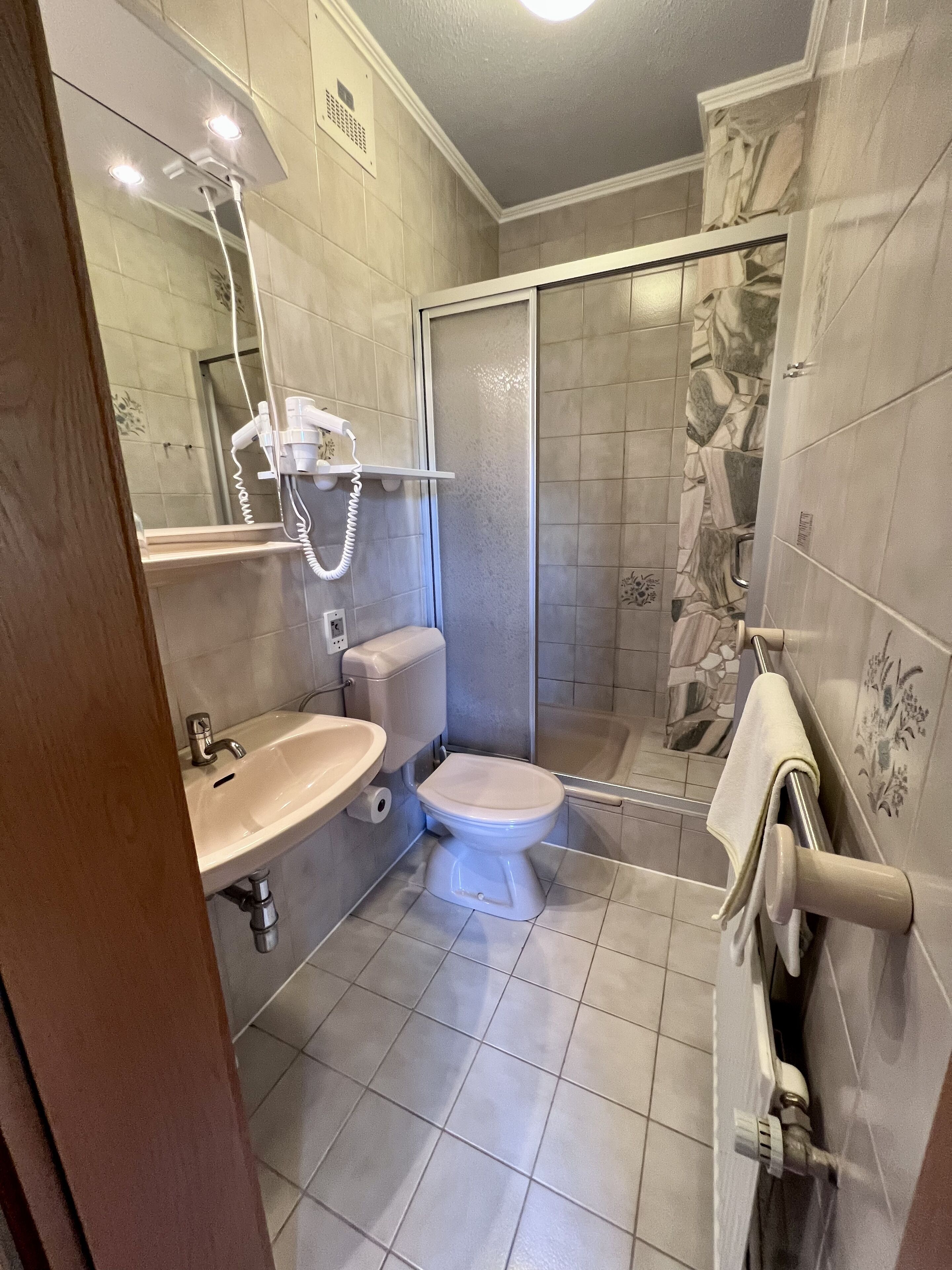 Un baño con inodoro, lavamanos y ducha.