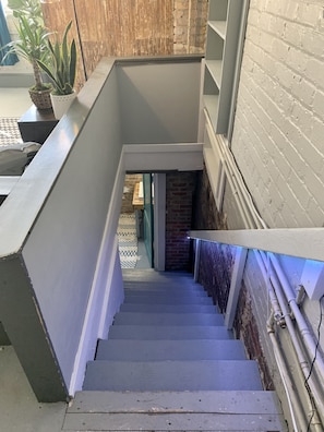 Stairs lead to a room with a view of the outdoors, flanked by contrasting walls and a potted plant.