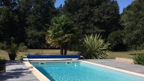 Ein rechteckiger Swimmingpool mit klarem, blauem Wasser, umgeben von einer Holzterrasse und einem Betonrand.
