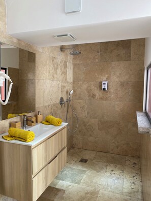 A modern bathroom with a sink, mirror, and shower.