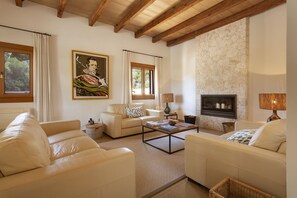 Smart TV, fireplace, books, stereo